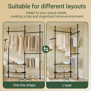 SoBuy FRG34-II-SCH, Telescopic Appendiabiti da Terra, Robusto Stand Appendiabiti con Aste e Ripiani, Armadio Aperto Regolabile per Camera da Letto, Porta Abiti Nero