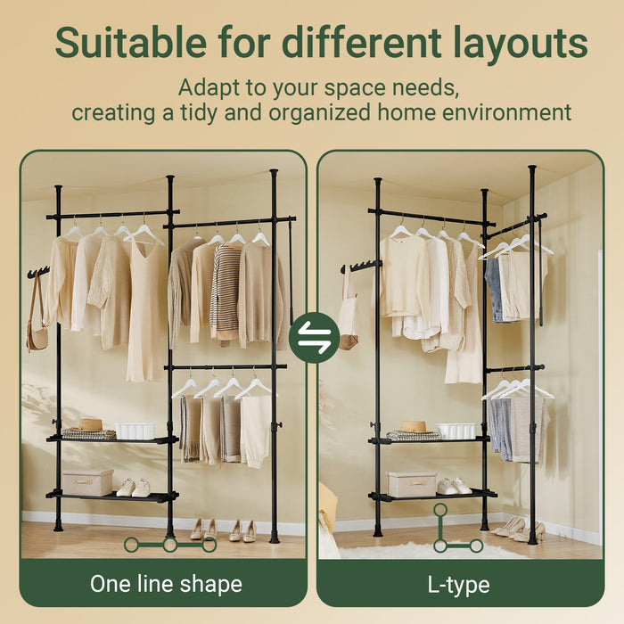 SoBuy FRG34-II-SCH, Telescopic Appendiabiti da Terra, Robusto Stand Appendiabiti con Aste e Ripiani, Armadio Aperto Regolabile per Camera da Letto, Porta Abiti Nero