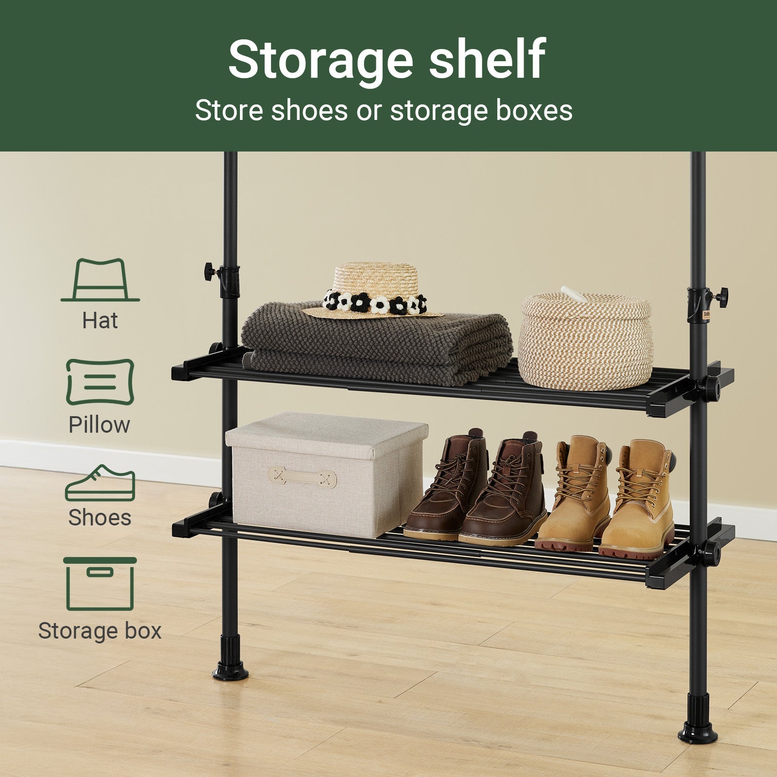 SoBuy FRG34-II-SCH, Telescopic Appendiabiti da Terra, Robusto Stand Appendiabiti con Aste e Ripiani, Armadio Aperto Regolabile per Camera da Letto, Porta Abiti Nero