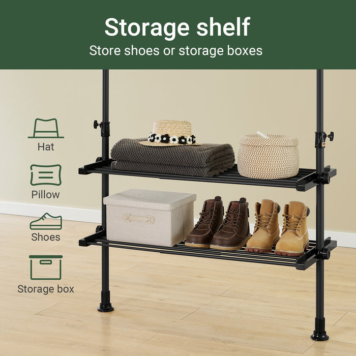 SoBuy FRG34-II-SCH, Telescopic Appendiabiti da Terra, Robusto Stand Appendiabiti con Aste e Ripiani, Armadio Aperto Regolabile per Camera da Letto, Porta Abiti Nero