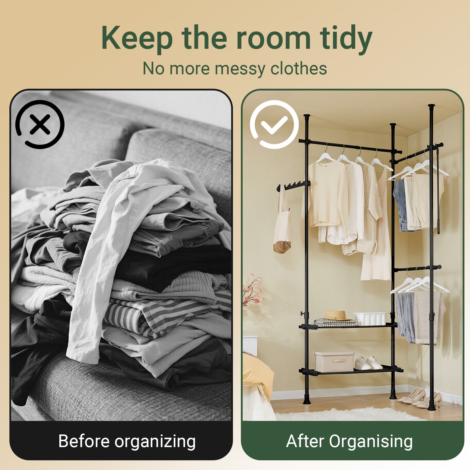 SoBuy FRG34-II-SCH, Telescopic Appendiabiti da Terra, Robusto Stand Appendiabiti con Aste e Ripiani, Armadio Aperto Regolabile per Camera da Letto, Porta Abiti Nero