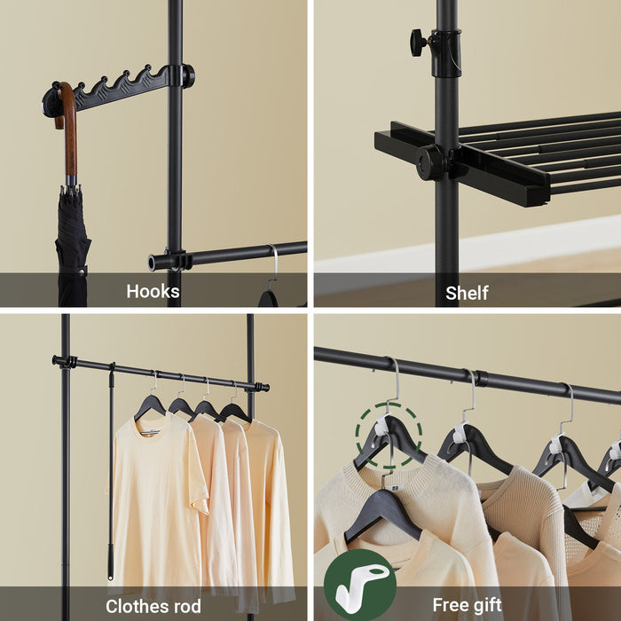 SoBuy FRG34-II-SCH, Telescopic Appendiabiti da Terra, Robusto Stand Appendiabiti con Aste e Ripiani, Armadio Aperto Regolabile per Camera da Letto, Porta Abiti Nero