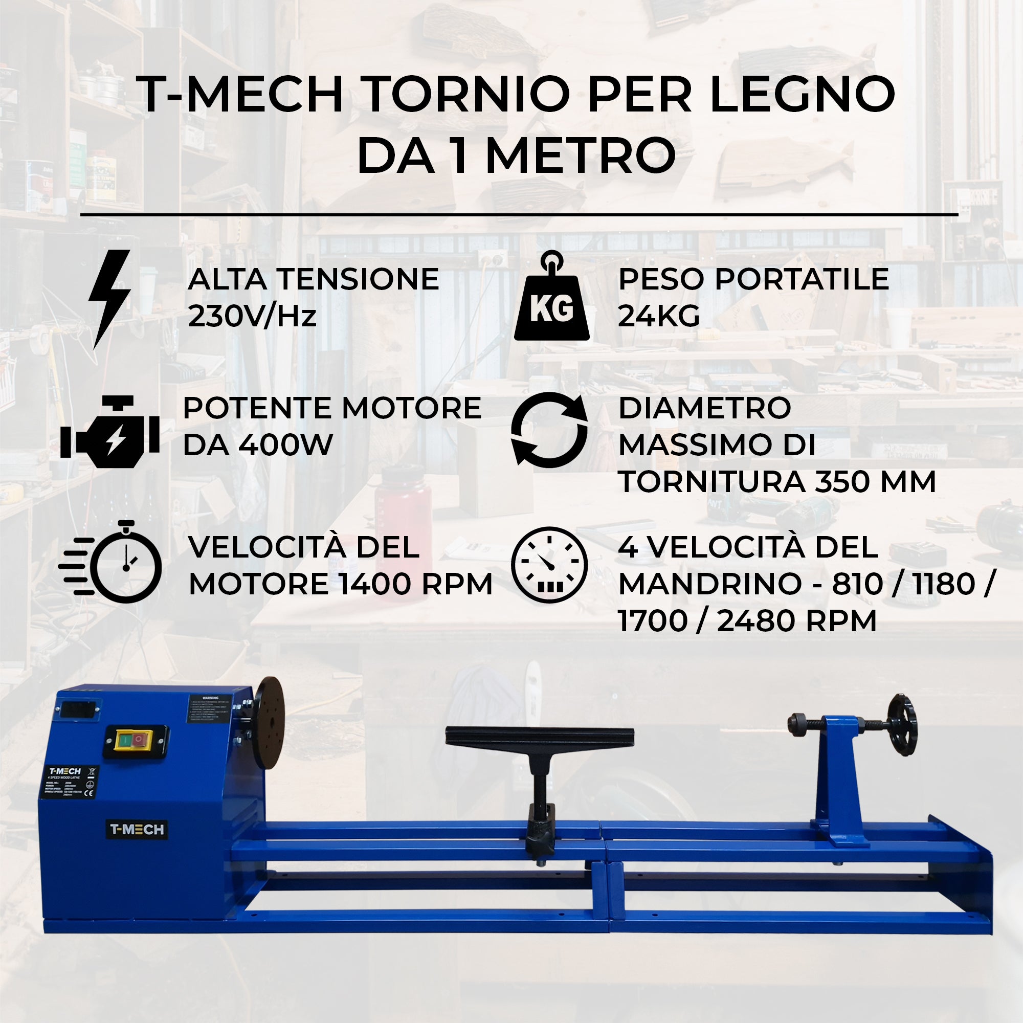 Tornio per Lavorazione e Tornitura Legno 1 Metro 4 Velocità Professionale