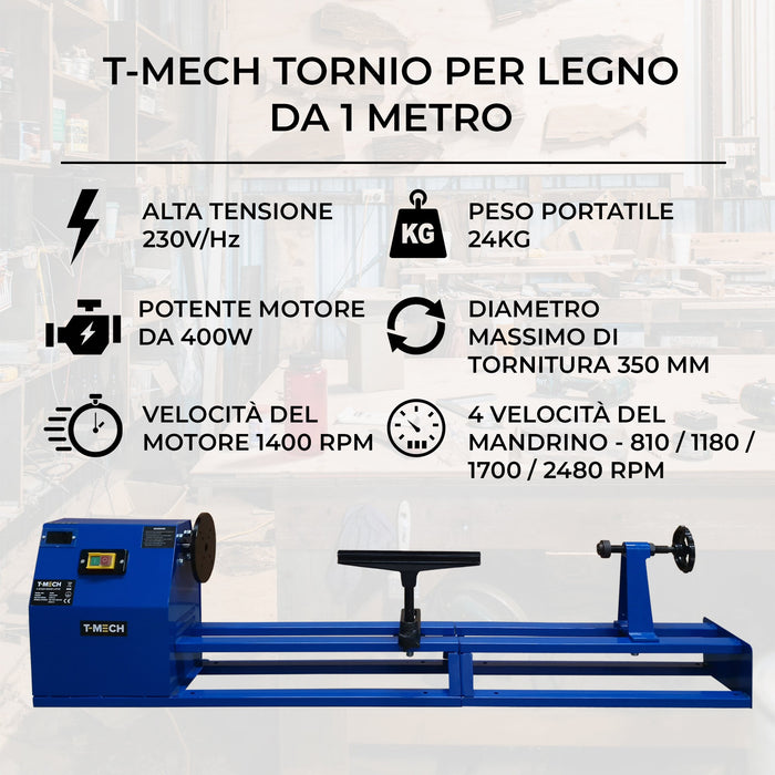 Tornio per Lavorazione e Tornitura Legno 1 Metro 4 Velocità Professionale