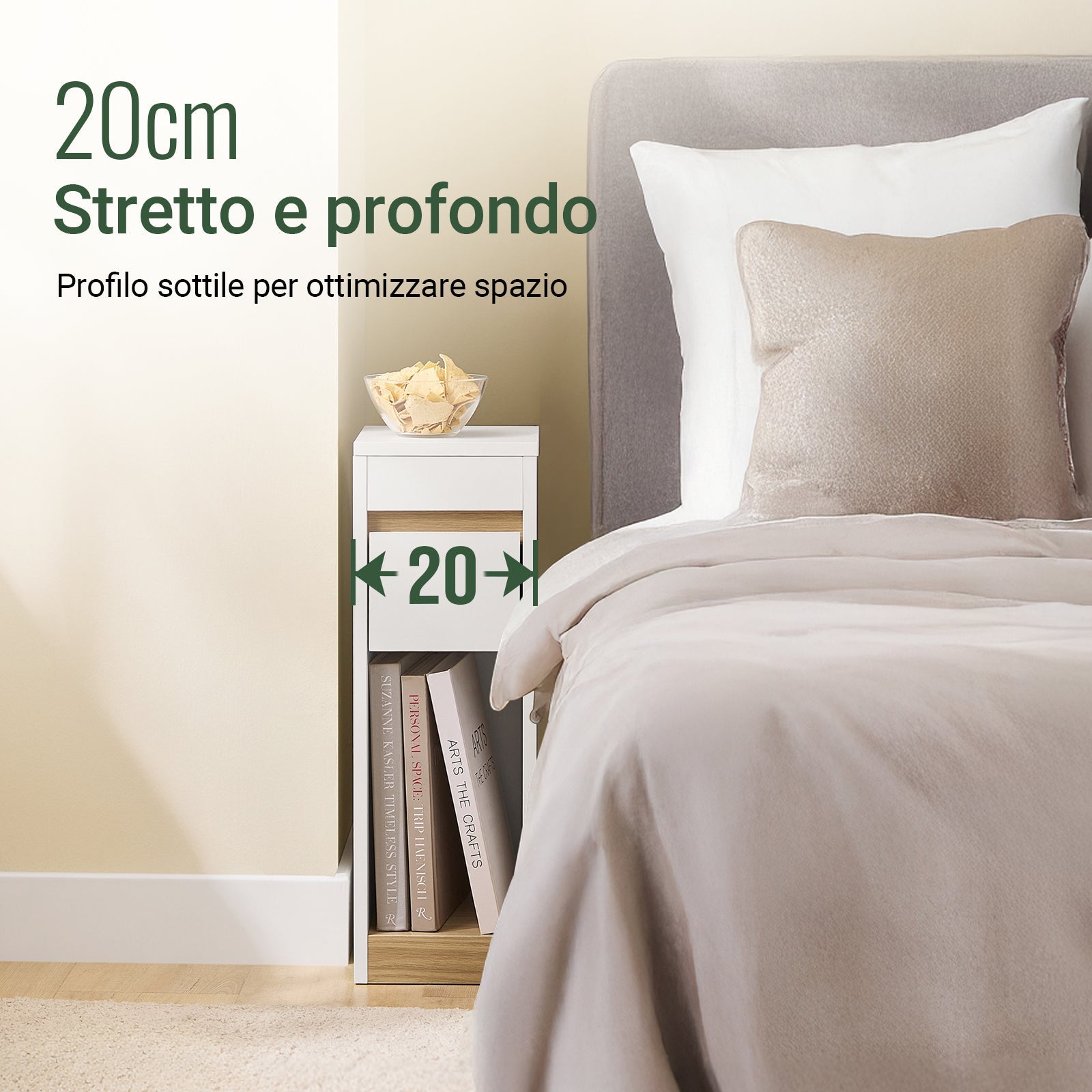 SoBuy Comodini con Piano Rimovibile e Cassetto, Tavolino Stretto per Divano, Comodini per Camera e Soggiorno, Tavolo Alto Stretto Bianco e Legno 20 x 35 x 60 cm FBT163-WN