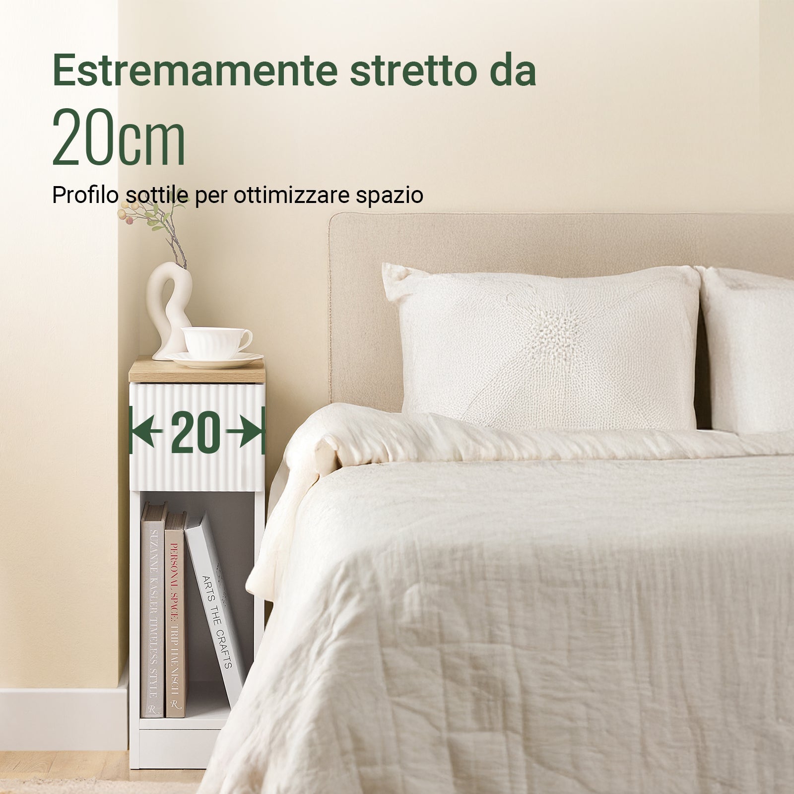 SoBuy Tavolino da notte stretto di 20 cm di larghezza con cassetto a design ondulato, Tavolino stretto per divano, Tavoli da notte per camera da letto e soggiorno, colore bianco e legno 20 x 35 x 60 cm FBT111-W