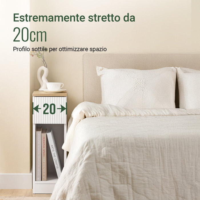 SoBuy Tavolino da notte stretto di 20 cm di larghezza con cassetto a design ondulato, Tavolino stretto per divano, Tavoli da notte per camera da letto e soggiorno, colore bianco e legno 20 x 35 x 60 cm FBT111-W