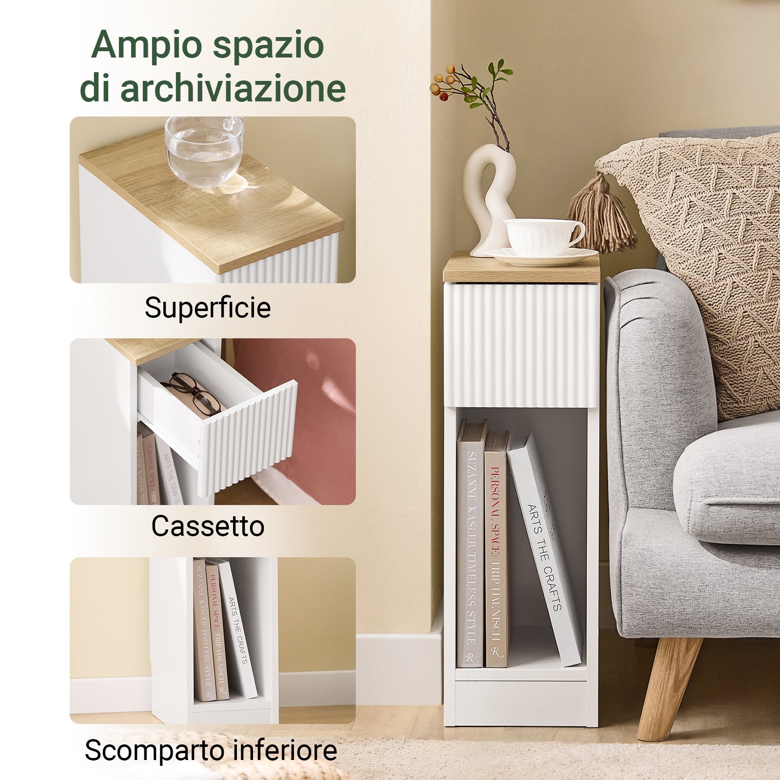 SoBuy Tavolino da notte stretto di 20 cm di larghezza con cassetto a design ondulato, Tavolino stretto per divano, Tavoli da notte per camera da letto e soggiorno, colore bianco e legno 20 x 35 x 60 cm FBT111-W