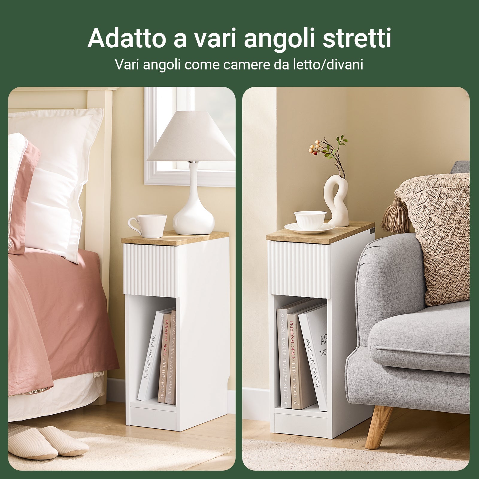 SoBuy Tavolino da notte stretto di 20 cm di larghezza con cassetto a design ondulato, Tavolino stretto per divano, Tavoli da notte per camera da letto e soggiorno, colore bianco e legno 20 x 35 x 60 cm FBT111-W
