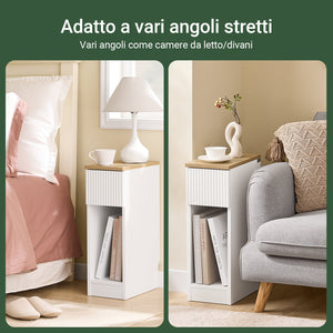 SoBuy Tavolino da notte stretto di 20 cm di larghezza con cassetto a design ondulato, Tavolino stretto per divano, Tavoli da notte per camera da letto e soggiorno, colore bianco e legno 20 x 35 x 60 cm FBT111-W