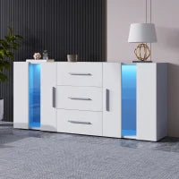 Credenza Moderna con LED Multicolore, 3 Cassetti e 2 Armadietti, Ampio Spazio, per Soggiorno e Cucina, 140x35x70 cm, Bianco
