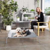 Lettino per Cani Rialzato di 20 cm con Cuscino a L, in Poliestere e Acciaio, 110x75x30 cm, Grigio e Argento