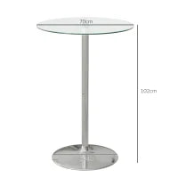 Tavolo Alto da Bar Moderno Rotondo con Base in Acciaio e Piano in Vetro, Ø70x102cm, Trasparente