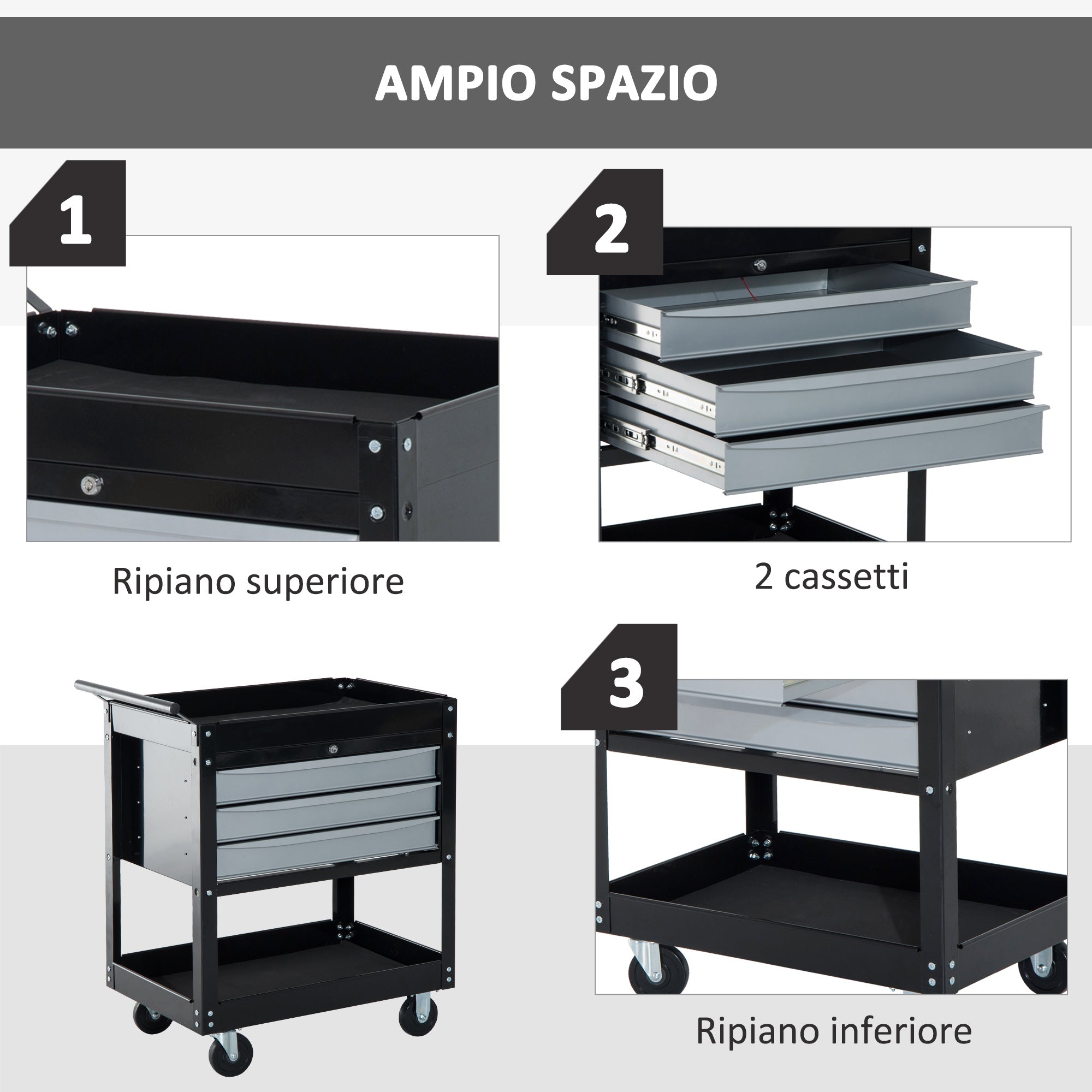 Easycomfort Carrello da Officina Professionale Cassettiera Portautensili in Lamiera, Nero, 68 x 46 x 88cm