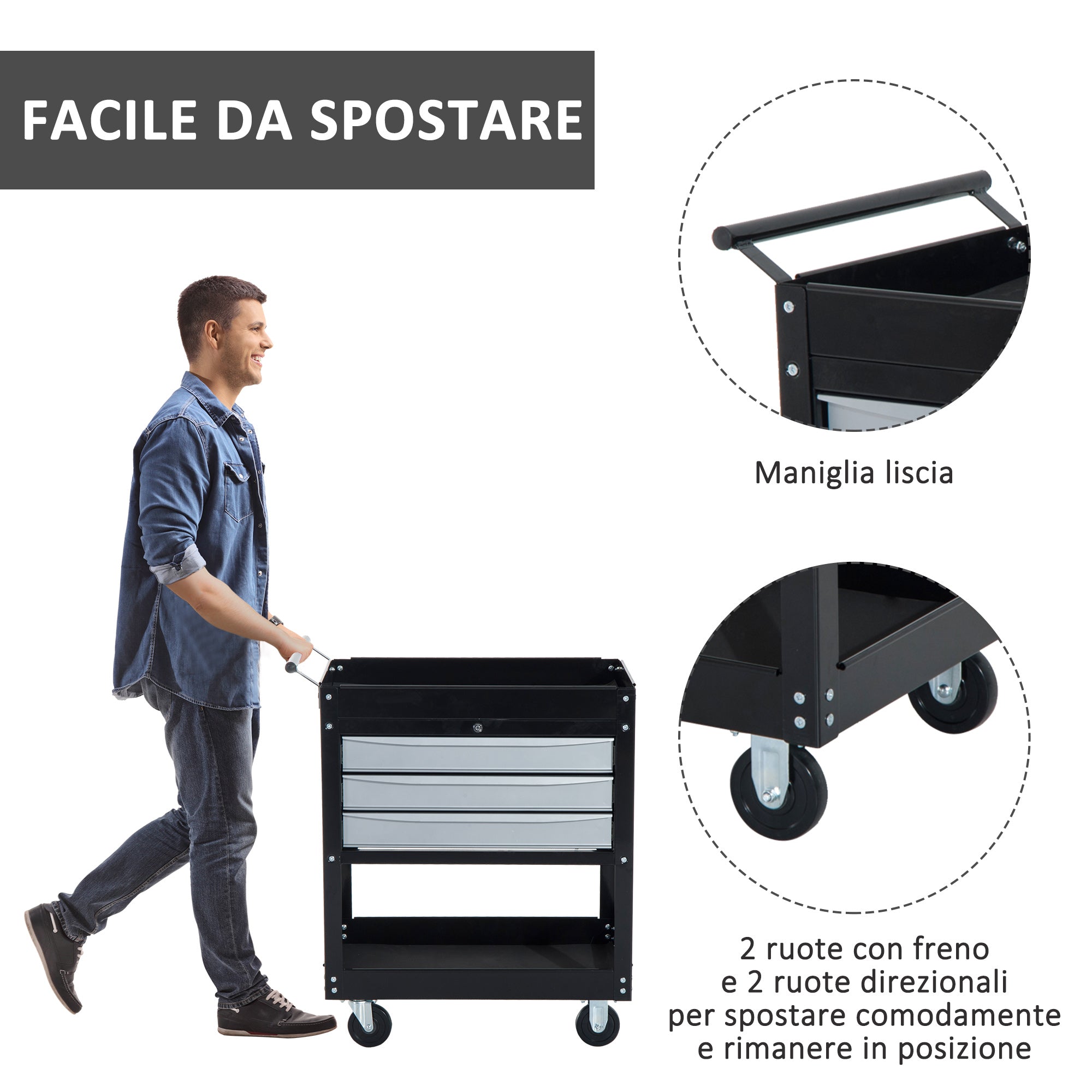 Easycomfort Carrello da Officina Professionale Cassettiera Portautensili in Lamiera, Nero, 68 x 46 x 88cm