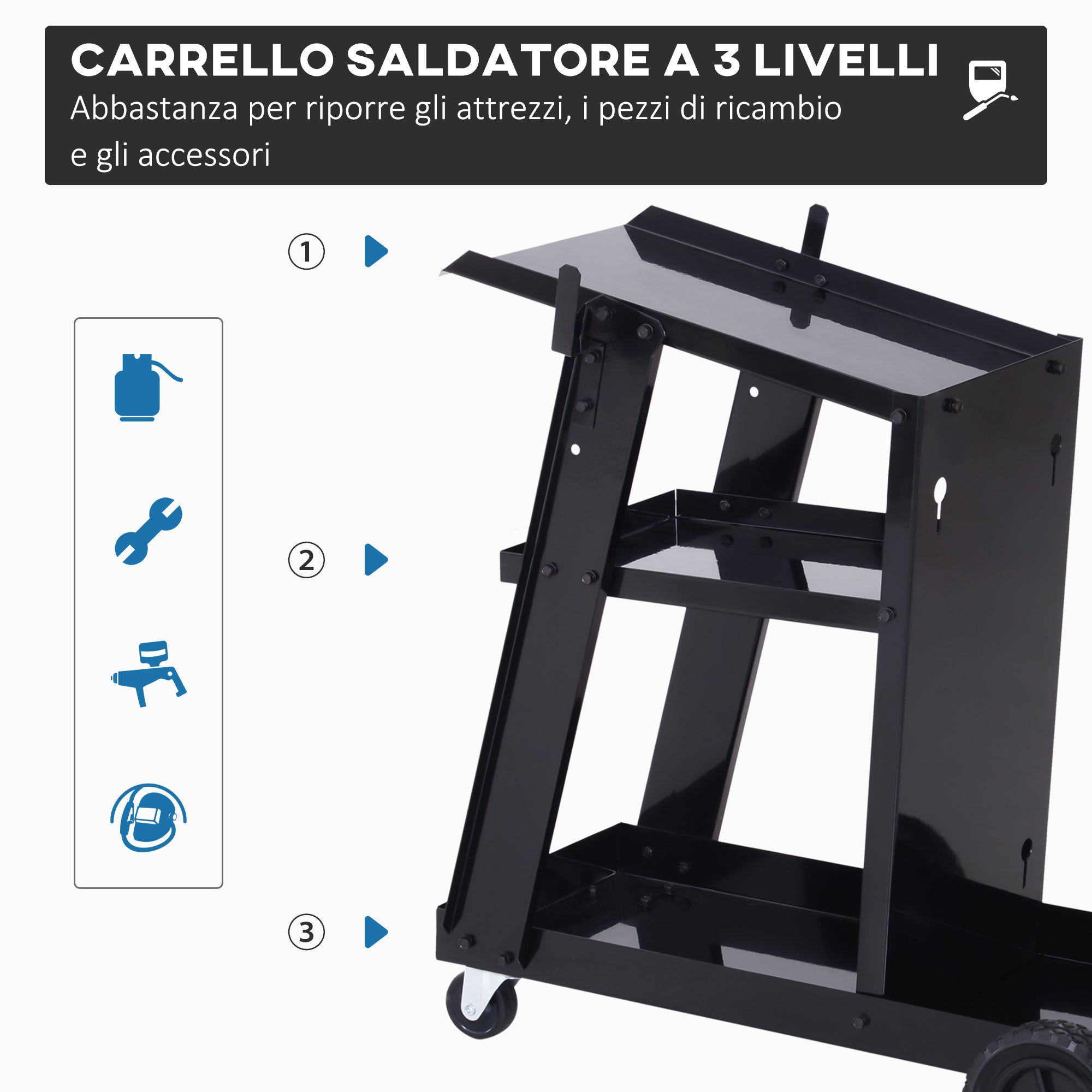 Easycomfort DURHAND Carrello Porta Utensili a 3 Ripiani con 2 Catene di Sicurezza, in Acciaio, 71x39x70 cm, Nero
