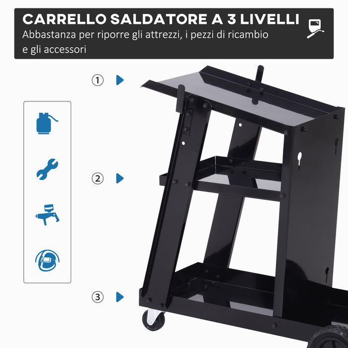 Easycomfort DURHAND Carrello Porta Utensili a 3 Ripiani con 2 Catene di Sicurezza, in Acciaio, 71x39x70 cm, Nero
