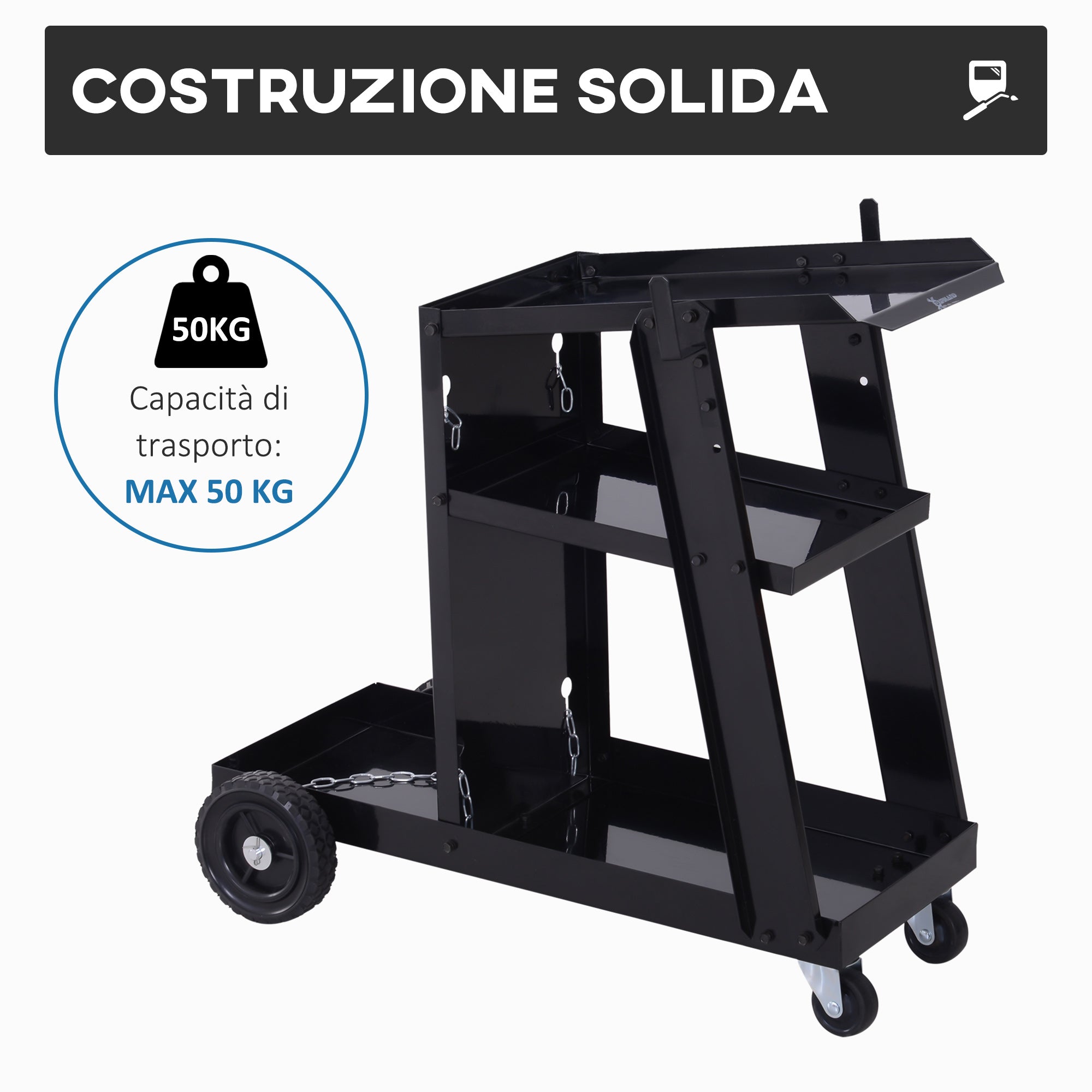 Easycomfort DURHAND Carrello Porta Utensili a 3 Ripiani con 2 Catene di Sicurezza, in Acciaio, 71x39x70 cm, Nero