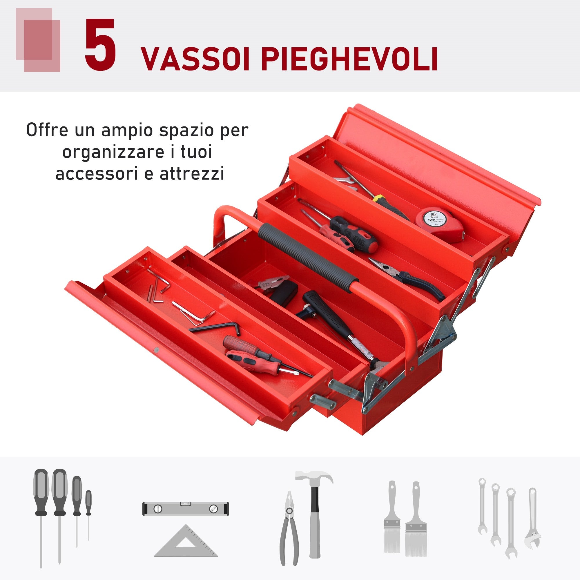 Easycomfort DURHAND Cassetta Porta Attrezzi in Metallo Pieghevole con 5 Vassoi, 3 Ripiani, Rosso