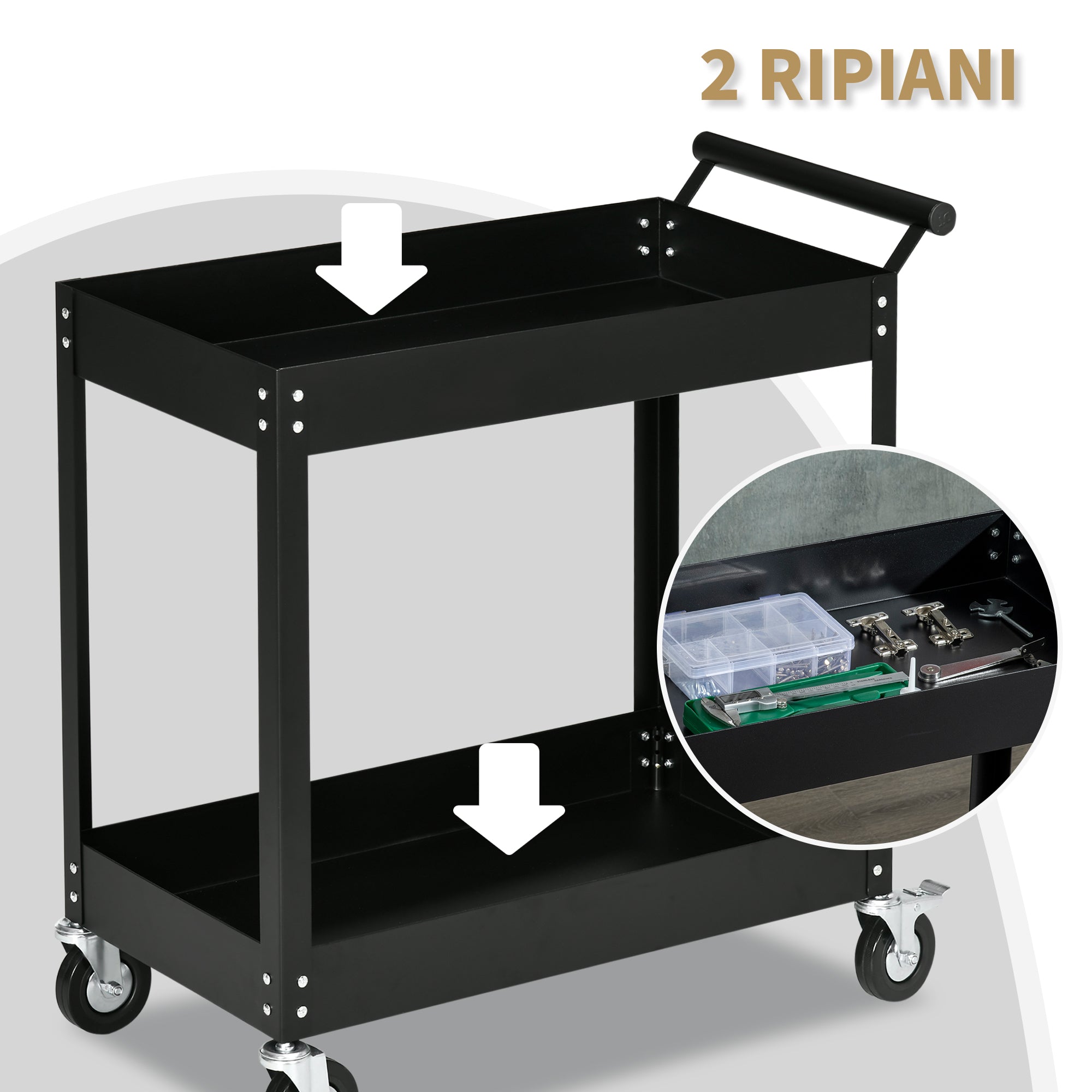 Easycomfort DURHAND Carrello Porta Attrezzi a 2 Ripiani in Acciaio, 84.5x38x84cm, Nero