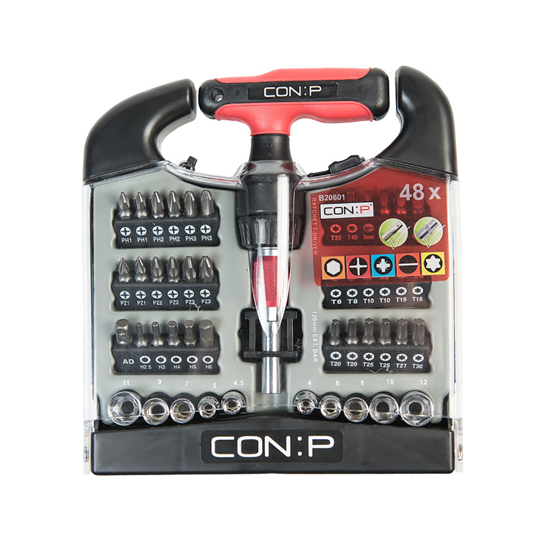 Mini cricchetto a T con inserti e bussole, set 48 pz.