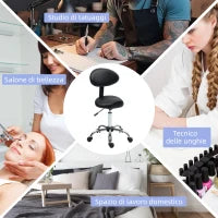 Sgabello Estetista con Ruote e Schienale, Altezza Regolabile e Seduta Girevole in Finta Pelle, Nero