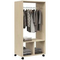 Armadio Appendiabiti con 2 Scaffali, Asta Appendiabiti, 4 Ruote Girevoli, 60L x 40P x 128H cm, Legno Naturale