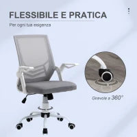 Sedia da Ufficio Ergonomica con Braccioli e Supporto Lombare, in Tessuto Effetto Lino, 62.5x55x94-104 cm, Grigia