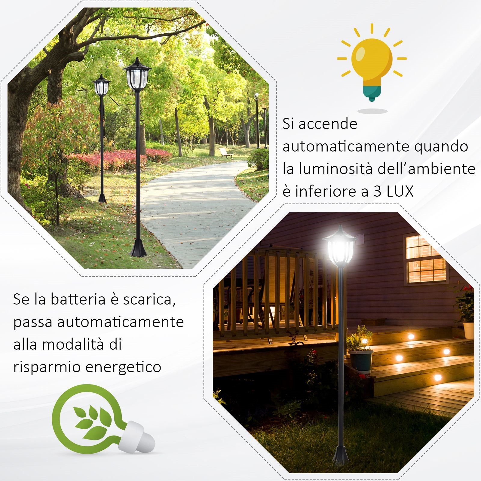 Easycomfort Lampione da Esterni con 6 Luci Led e Pannelli Solari Impermeabile Accensione Automatica Durata 6 Ore Altezza 177cm