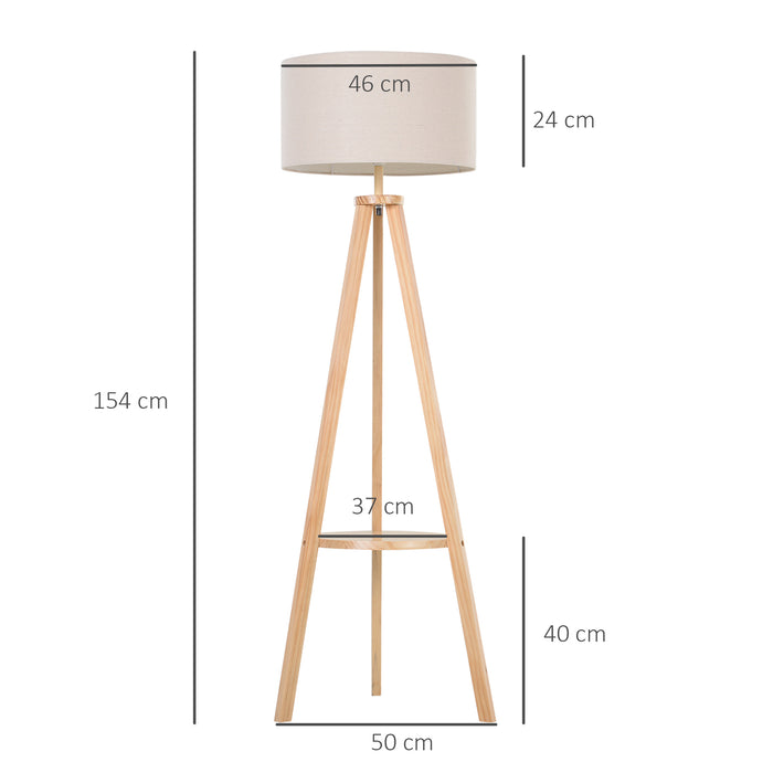 Easycomfort Lampada da Terra con Ripiano Intermedio Paralume in Lino Interruttore a Pedale Risparmio Energetico Altezza 154cm, Legno, 50x50x154 cm