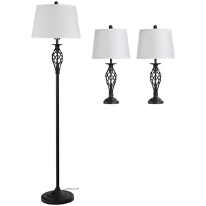 Easycomfort Set 3 Pezzi: 1 Lampada da Terra e 2 Lampade da Tavolo in Metallo, Design Vintage, Lampadine E27, Nero e Bianco