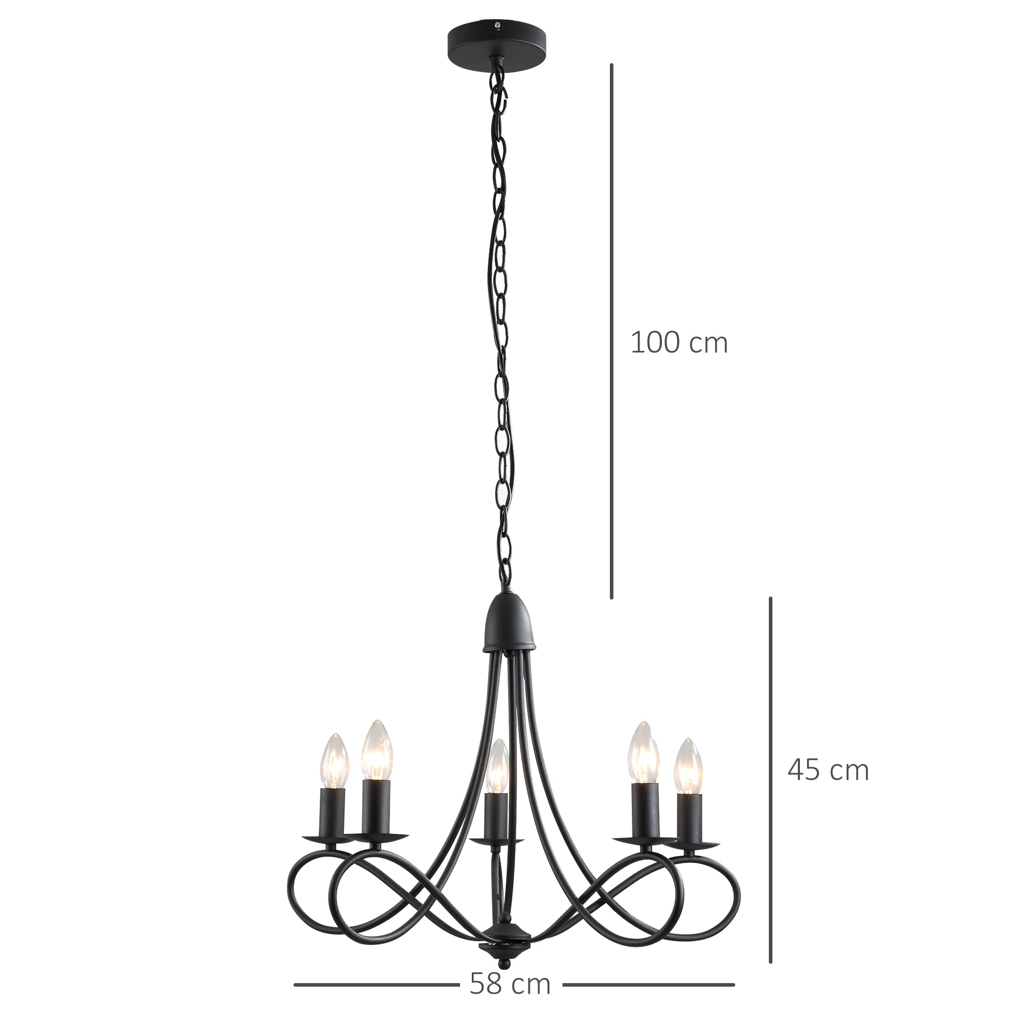 Easycomfort Lampadario a Soffitto Stile Rustico, Acciaio Intrecciato Nero con 5 Candelieri Regolabili e Pieghevoli ?58 x 45cm