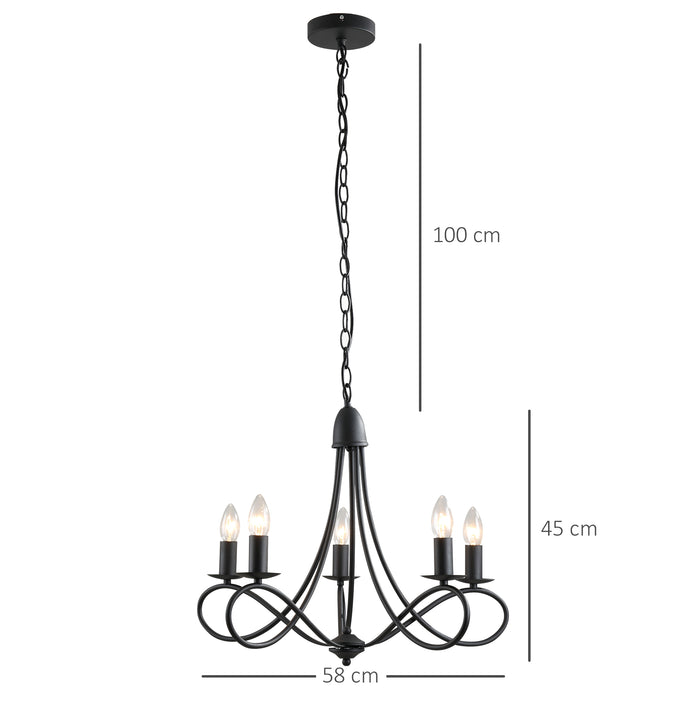 Easycomfort Lampadario a Soffitto Stile Rustico, Acciaio Intrecciato Nero con 5 Candelieri Regolabili e Pieghevoli ?58 x 45cm