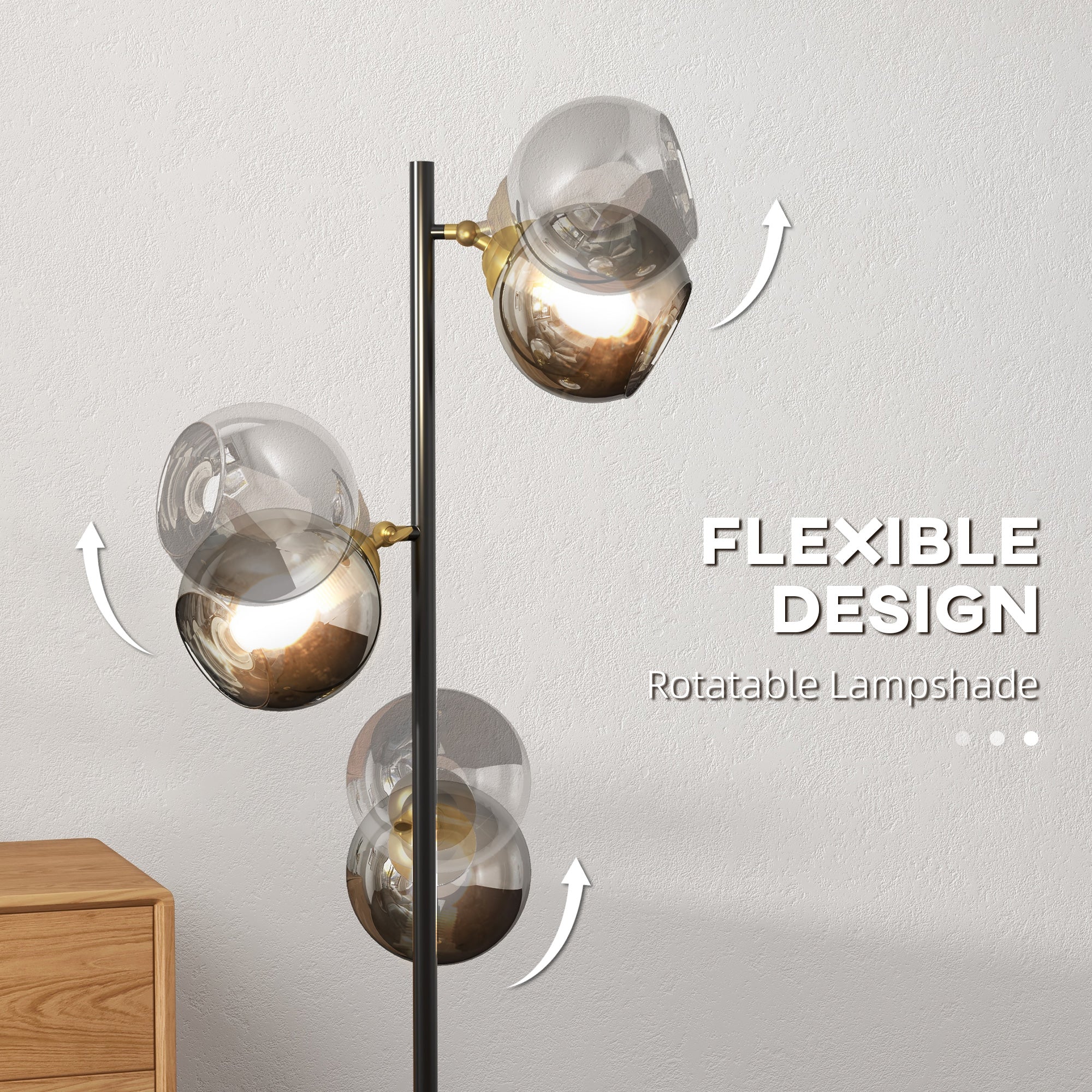 Easycomfort Lampada da Terra in Metallo ad Albero con 3 Paralumi in Vetro, Ø36x162 cm, Nero e Grigio