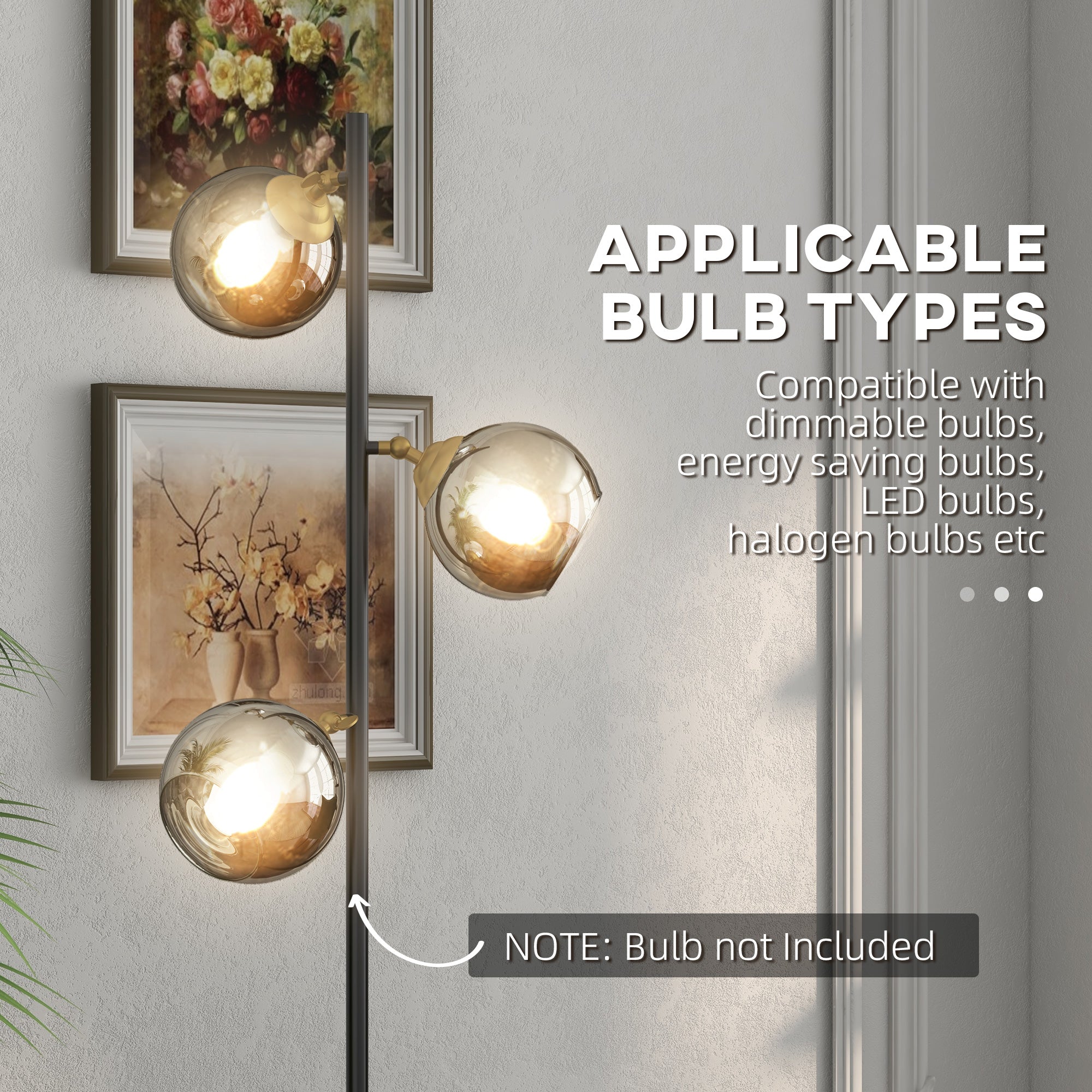 Easycomfort Lampada da Terra in Metallo ad Albero con 3 Paralumi in Vetro, Ø36x162 cm, Nero e Grigio