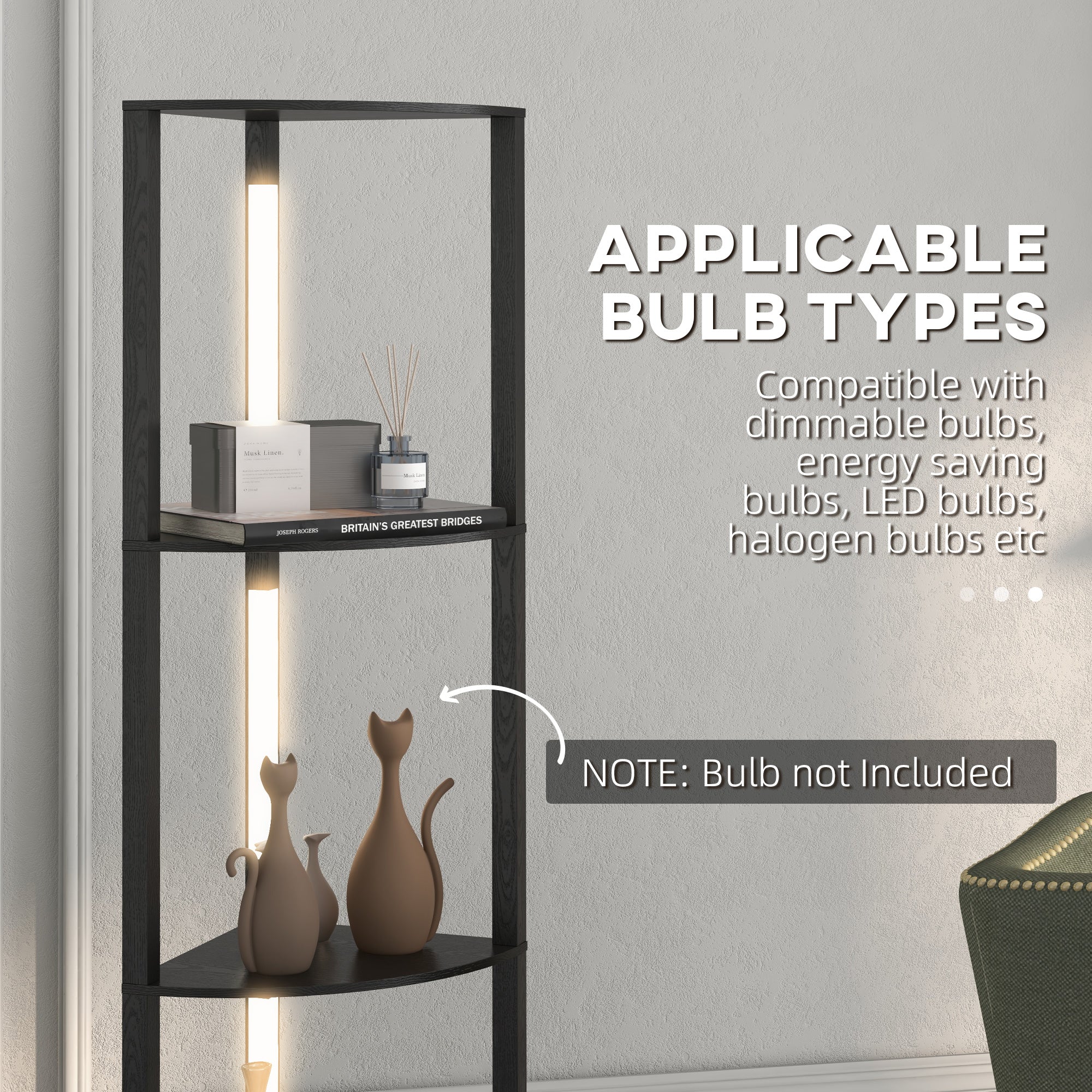 Easycomfort Lampada da Terra a Colonna in MDF con 4 Ripiani e Illuminazione a LED da 3000K, 41x29.5x163.5 cm, Nero