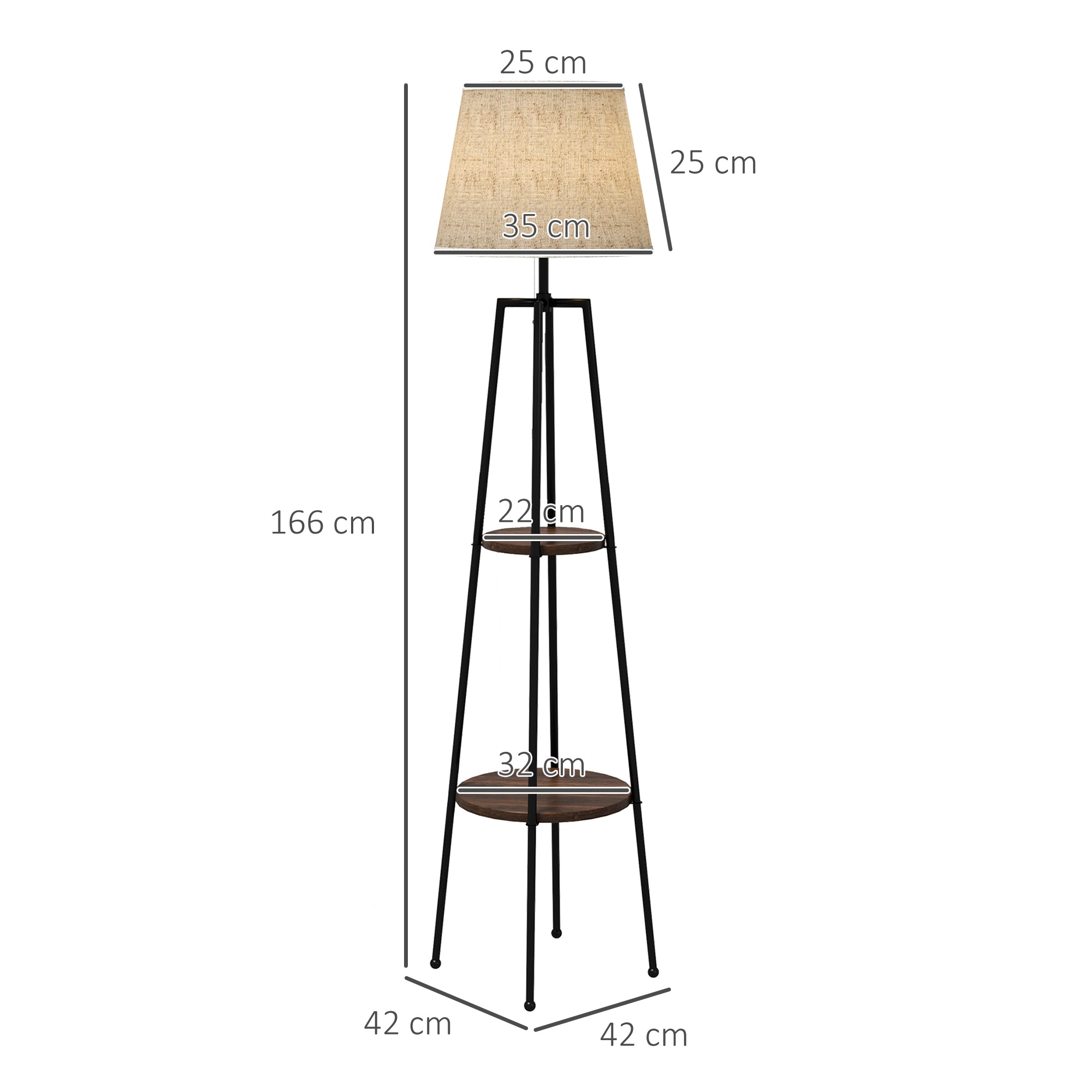 Easycomfort Lampada da Terra a 2 Ripiani in Metallo e MDF con Paralume in Tessuto, Ø42x166 cm, Nero e Marrone