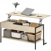 Tavolino con piano sollevabile, tavolino da soggiorno con vano nascosto e scaffale aperto, 95x40x59cm, legno naturale