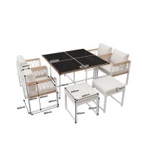 Set da pranzo da esterno a 7 pezzi con tavolo in vetro temperato, intreccio in rattan, cuscini, per 6 persone, Nero e Bianco