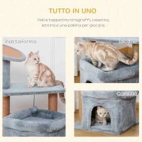 Tiragraffi per Gatti con Pali in Juta, Casetta e Cuscino, Rivestimento Peluche, Altezza 84cm, Grigio