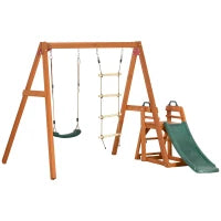 Set con Scivolo, Altalena da Giardino e Scaletta a Corda in Legno per Bambini Età 3-8 Anni