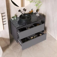 Mobile sospeso per lavabo 80 cm di larghezza, con lavabo in ceramica e cassetti, design moderno, MDF, 80×44×60,5 cm, Nero + Grigio