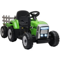 Trattore Elettrico per Bambini 3-6 Anni con Rimorchio Rimovibile, Batteria 12V e Telecomando, Verde
