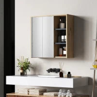 Armadietto per il Bagno con Specchio, Armadietto Toilette a Muro, 3 Mensole Aperte, 60 x 20 x 60 cm, Legno Naturale