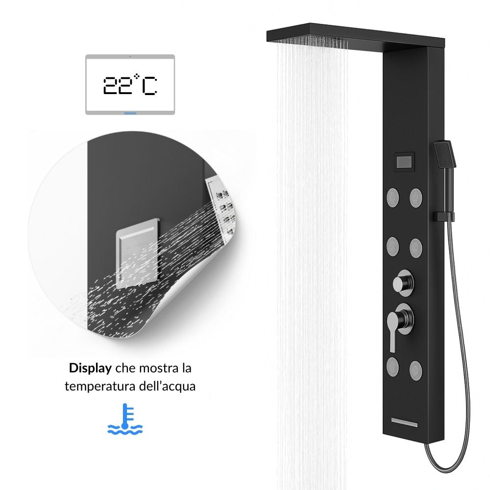 Colonna doccia york acciaio 4 funzioni display controllo temperatura 2 finiture *** finitura- nero, confezione 1