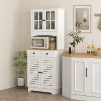 Armadio da Cucina con Porte in Vetro, 2 Cassetti, Armadio per Stoviglie, Armadio da Sala da Pranzo, Legno, 68 x 39,5 x 170 cm, Bianco