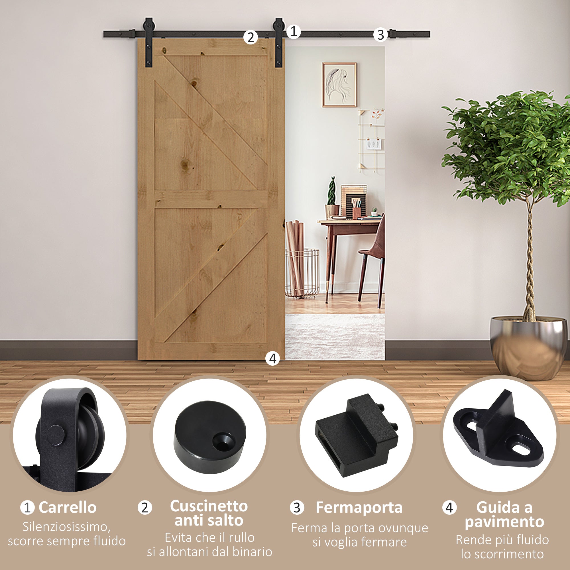Easycomfort Binario per Porta Scorrevole Kit Accessori con Binario e Rulli Tappi in Stile Rustico Portata 90kg Acciaio al Carbone Nero