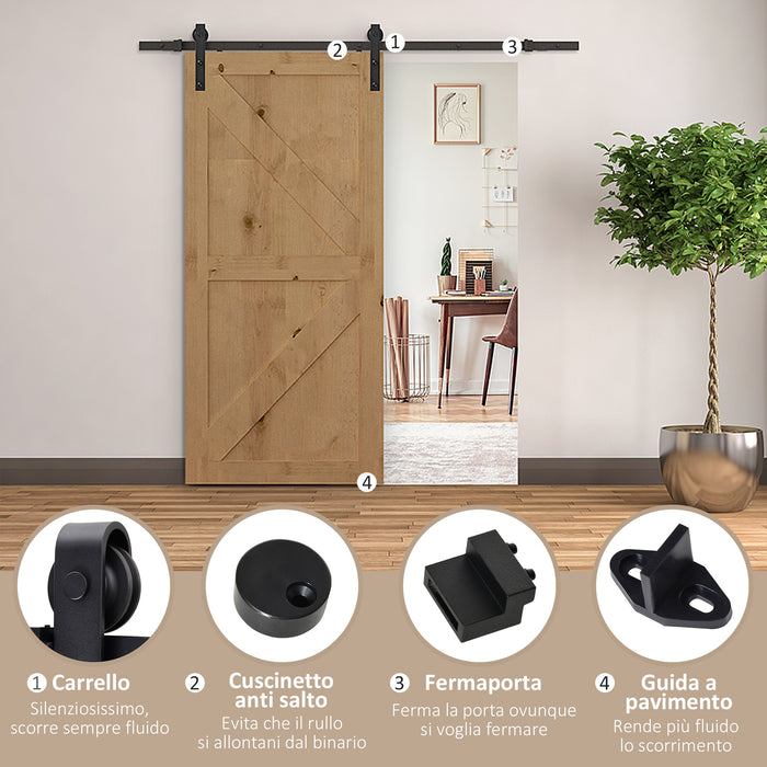 Easycomfort Binario per Porta Scorrevole Kit Accessori con Binario e Rulli Tappi in Stile Rustico Portata 90kg Acciaio al Carbone Nero