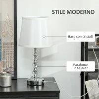 Lampada da Tavolo con Cristalli e Porta USB, in Metallo, Vetro e Poliestere, Ø23x45 cm, Bianco e Argento