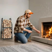 Portalegna in Metallo a 2 Livelli con 4 Ganci per Attrezzi 34x30x80 cm Nero